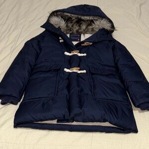 J. Crew (Crewcuts) Girl’s Navy Hooded Puffer Coat with Faux Fur Trim